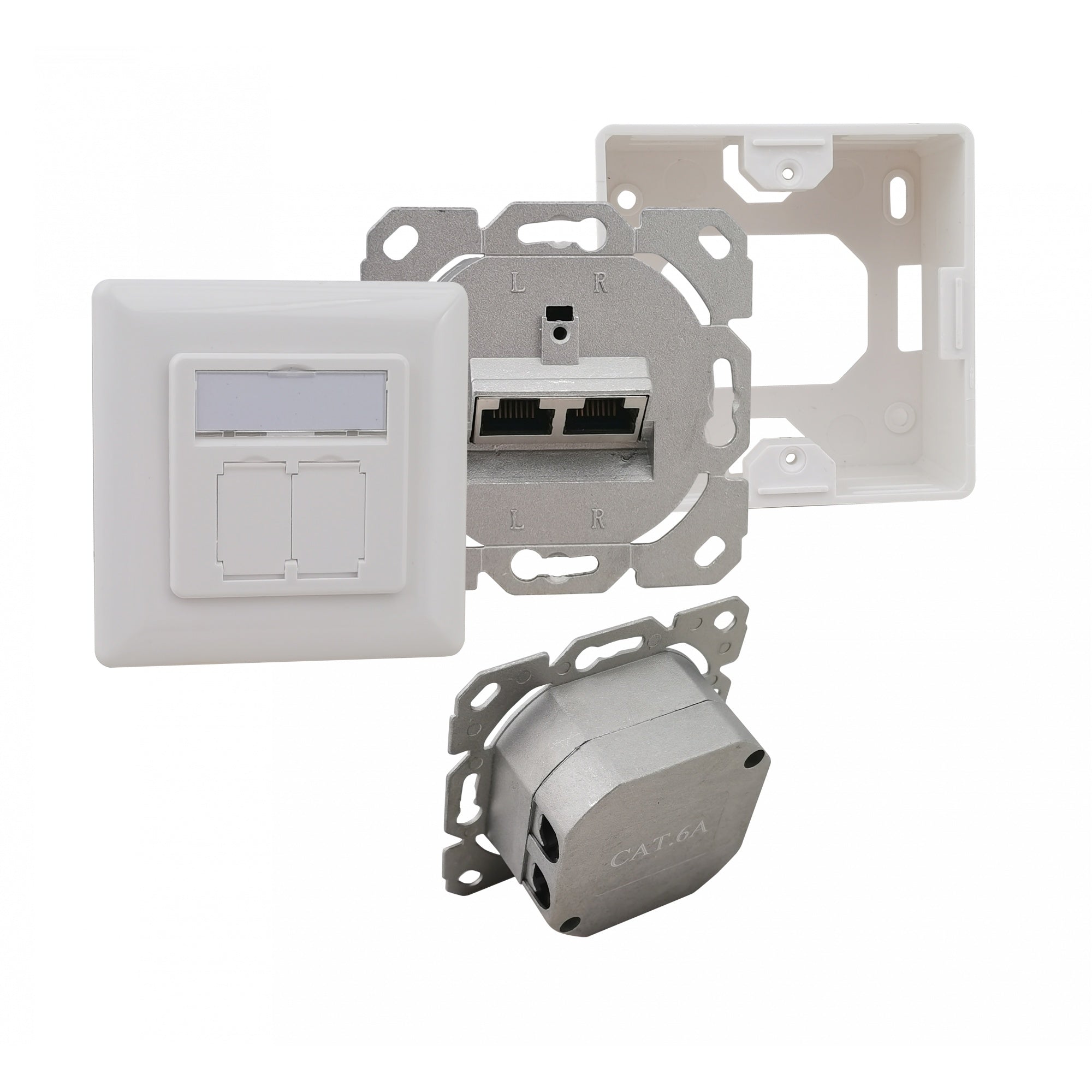 Helos Anschlussdose, Cat 6A (EIA/TIA), AP/UP, 2 Port, horizontal, reinweiß Helos Anschlussdose, Cat 6A (EIA/TIA), AP/UP, 2 Port, horizontal, reinweiß